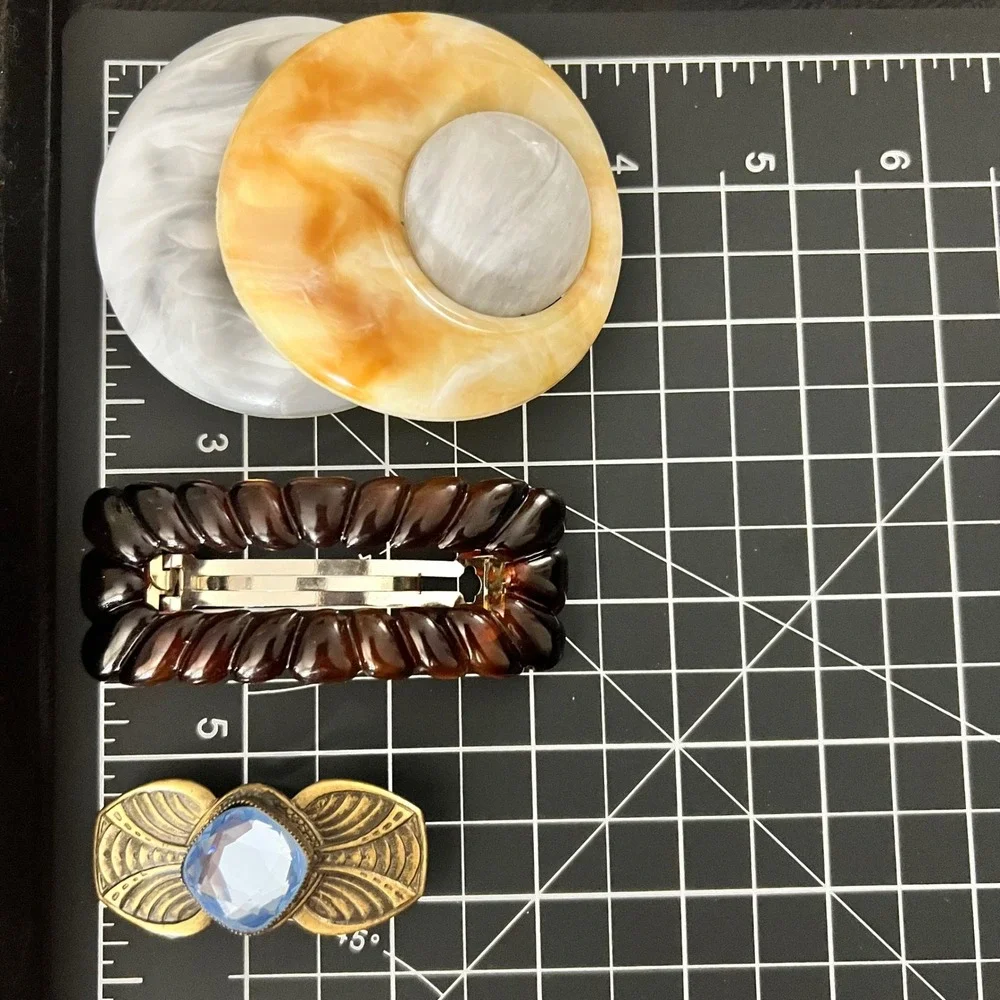 Vtg Hair Barrette Set Tortoise Marbled Blue Stone‎ 3pc Small Large Cottagecore